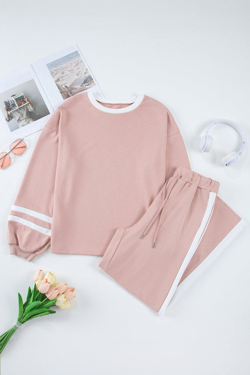 Varsity Stripe Contrast Collar Drop Shoulder Pullover And Drawstring Wide Leg Pant Set